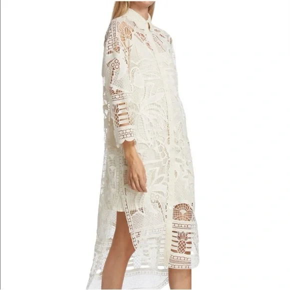 Farm Rio Guipure Ivory Lace Crochet Midi Shirt Dress Swim Coverup Women’s Small - Picture 3 of 9